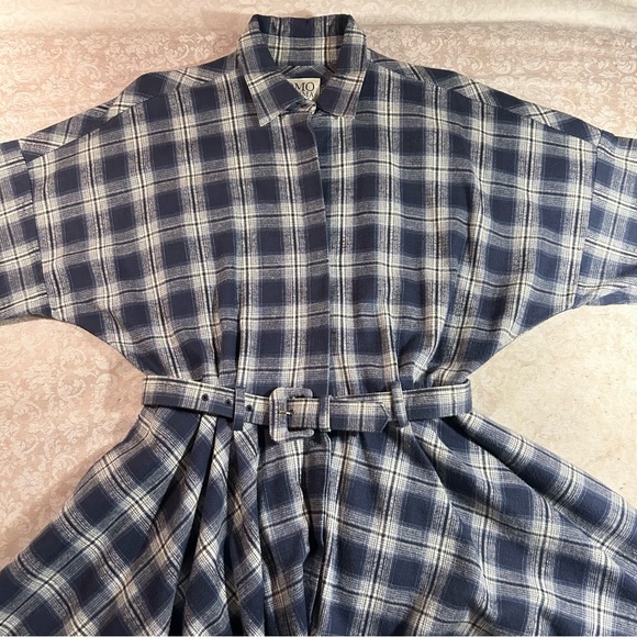 OMO Norma Kamali ~Blue Plaid Cotton Flannel Vintage 80s Belted Shirtdress size 8 - Picture 15 of 16